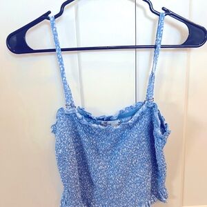 Holister - Blue Floral Smocked Women's Top with Frill Edge and Removable Straps